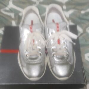 Prada Silver Metallic Lace-Up Sneakers with Red Accent